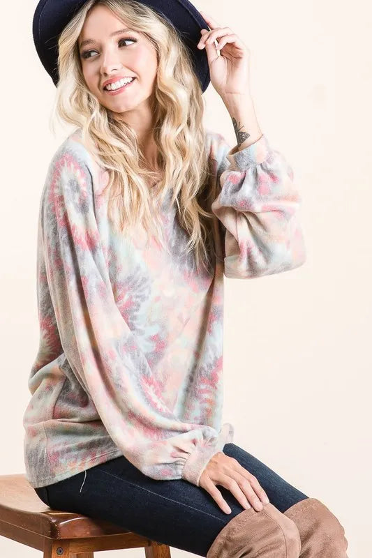 BiBi Brushed Tie Dye Print Top with Puff Sleeves - Love Salve
